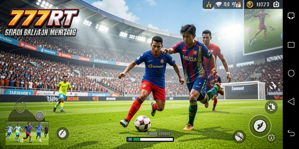 Screenshot gameplay 777RT menunjukkan aksi seru dalam pertandingan sepak bola.