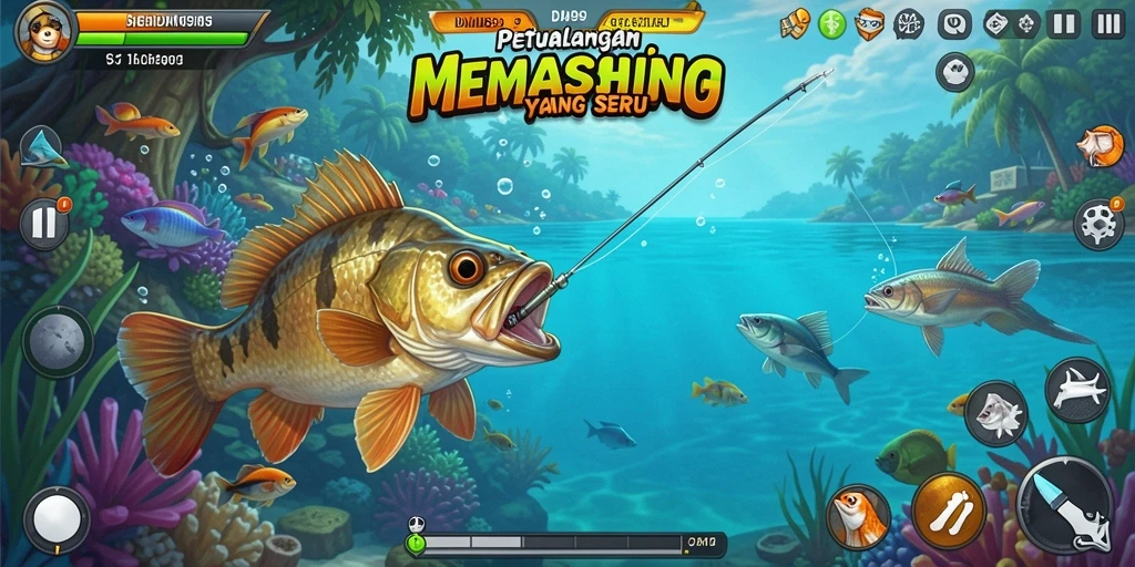 Gameplay DMD999 menampilkan pemandangan memancing yang menakjubkan dan menenangkan.
