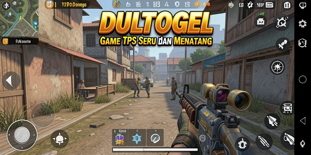 Screenshot DULTOGEL menampilkan aksi menembak yang seru di arena tempur.