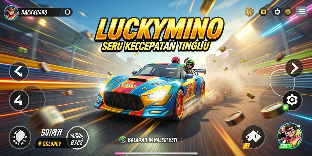 Gameplay LUCKYMINO menampilkan balapan yang mendebarkan dan kendaraan yang cepat.