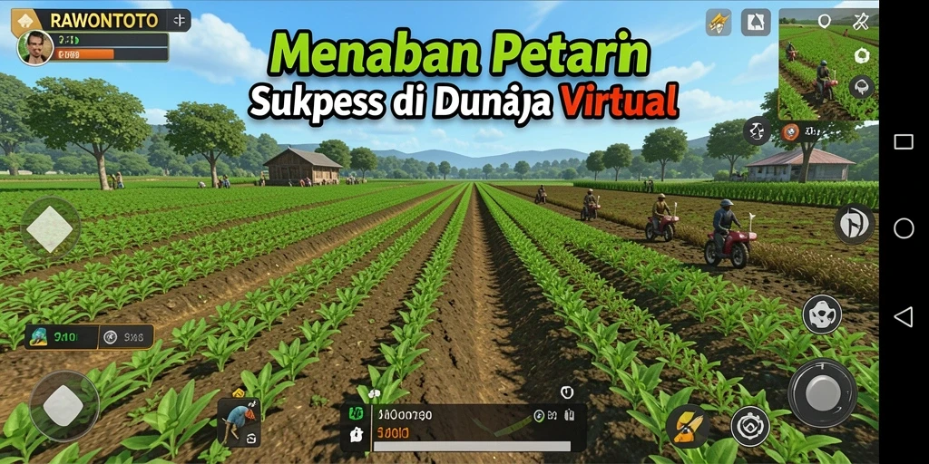 Screenshot gameplay RAWONTOTO menampilkan ladang yang subur dan hewan ternak yang ceria.