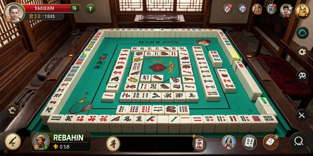 Screenshot gameplay REBAHIN menampilkan ubin Mahjong yang berwarna-warni.