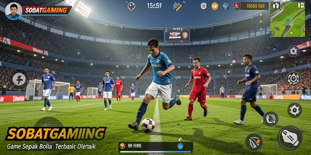Tampilan gameplay mendebarkan dari SOBATGAMING yang menampilkan pertandingan sepak bola yang intens.
