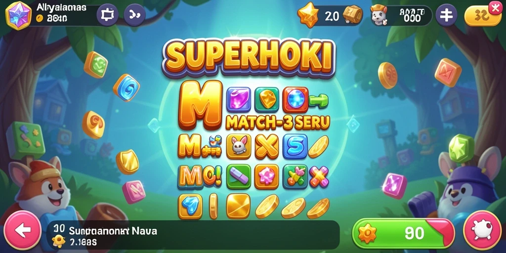 Screenshot gameplay SUPERHOKI menampilkan aksi mencocokkan simbol yang seru.